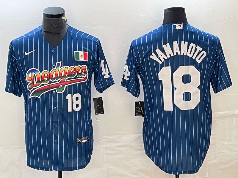 Men Los Angeles Dodgers 18 Yamamoto Blue stripe Nike Game MLB Jersey style 3